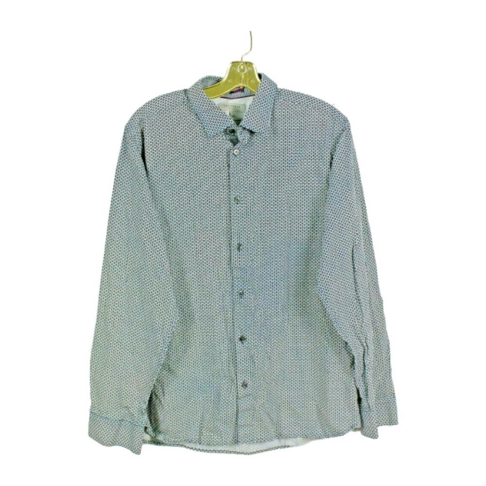 Ted Baker Button Down Shirt Mens Size 5 US XL Blue Geometric Print Long Sleeved